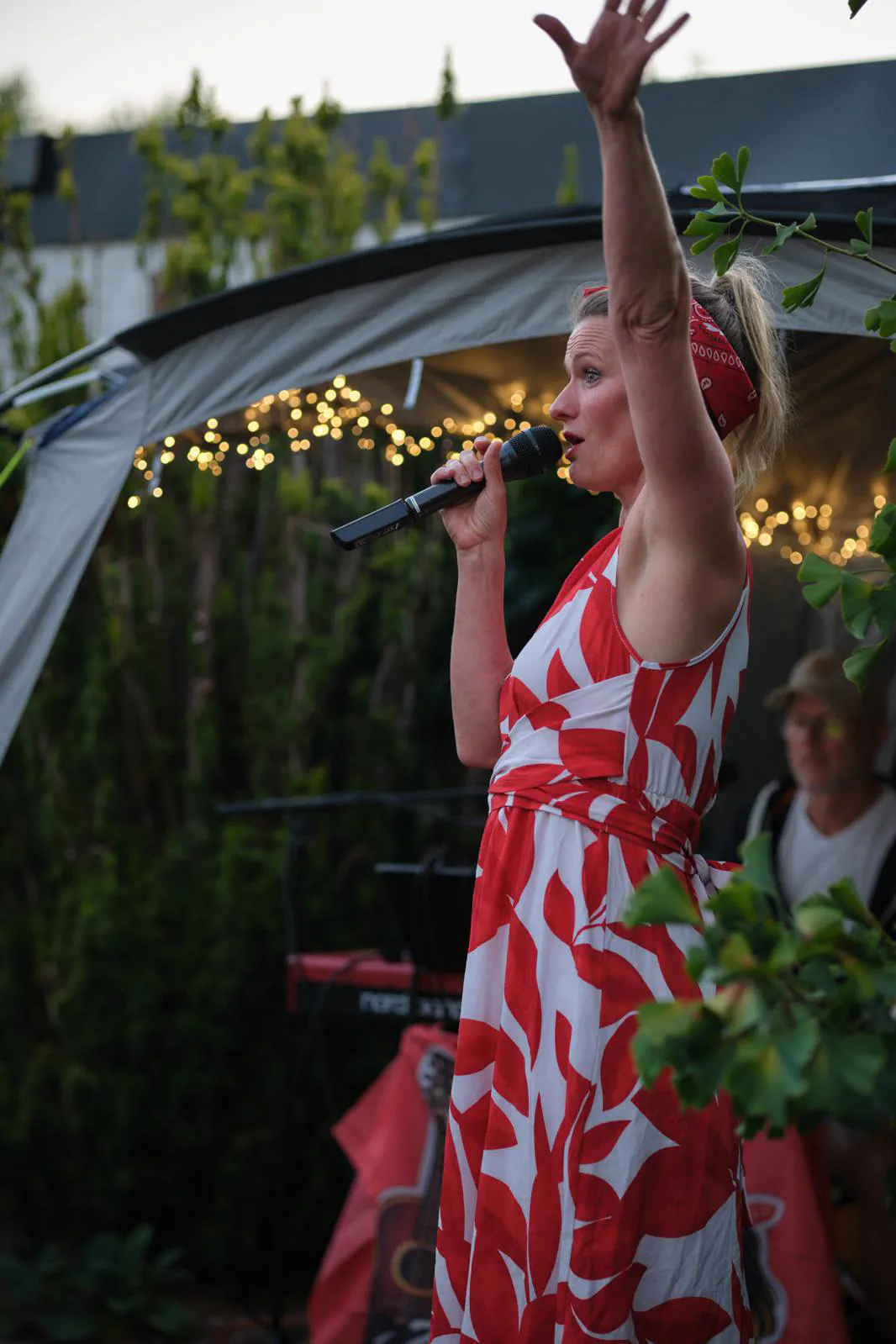 Dana singt mit erhobenem Arm unter einer Lichterkette